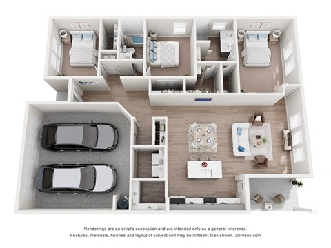 A 3D floor plan of a house with two bedrooms, a living room, a kitchen, and a garage.